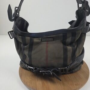 Burberry Hobo Bag Womens Medium Brown Canvas Leather House Check Italy Belted